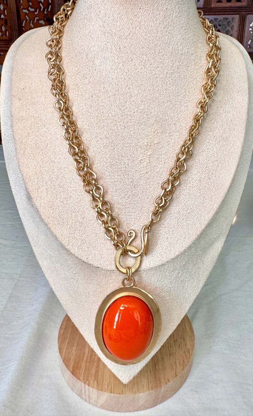 Chico's Reversible Orange Cabochon & Gold-Tone Scarab Pendant Necklace
